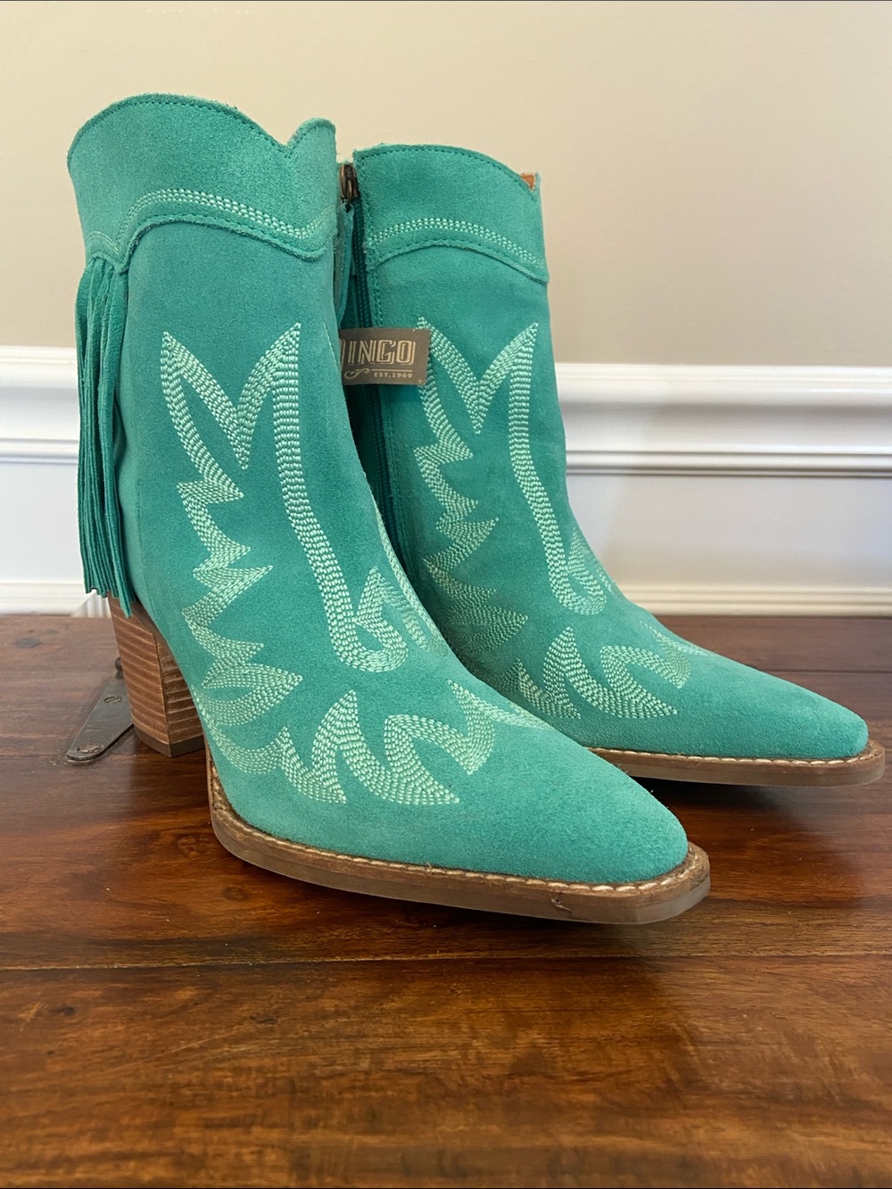 Dingo Green Suede Western Embroidered Ankle Boots‎ with Fringe 7 Cowgirl Country